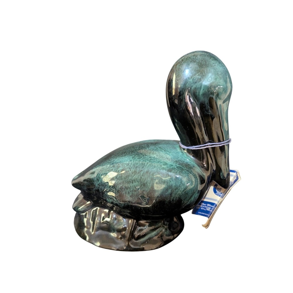 Blue Mountain Pottery Pelican Figurine Canada Teal Black Drip Glaze Vintage Bird